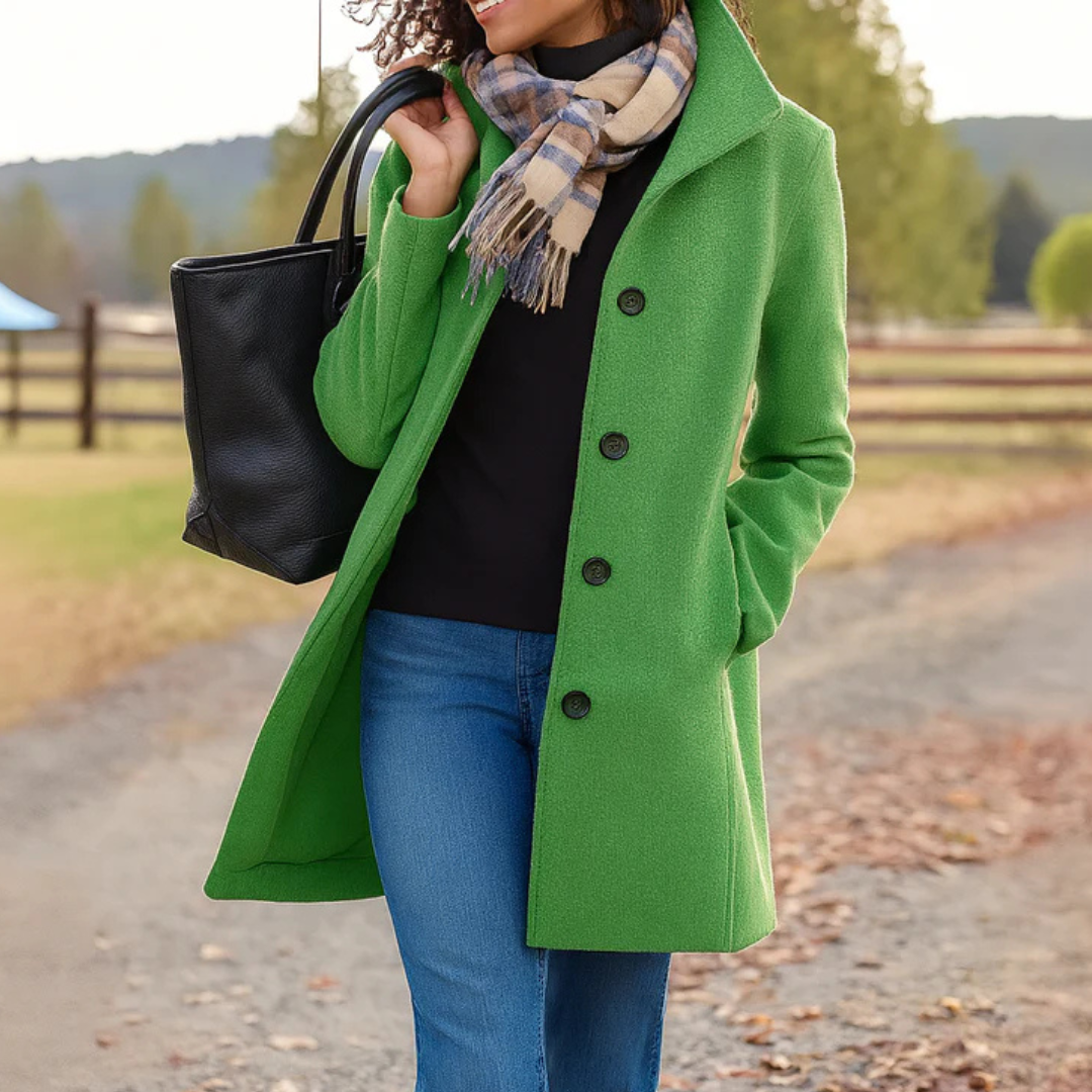 Abrigo recto verde claro con cuello amplio y botones frontales, mostrado con un bolsillo lateral y una bufanda de cuadros.