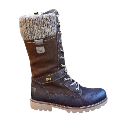 Bota de invierno azul oscuro vista de perfil, con borde de punto, cordones frontales, cierre lateral y suela dentada.