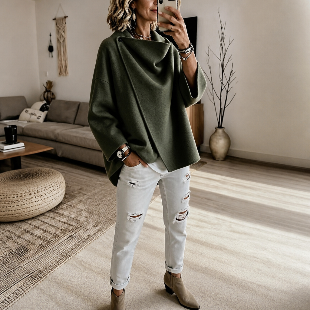 Capa chaqueta verde oscuro con cuello drapeado y silueta envolvente, combinada con vaqueros blancos y botines.