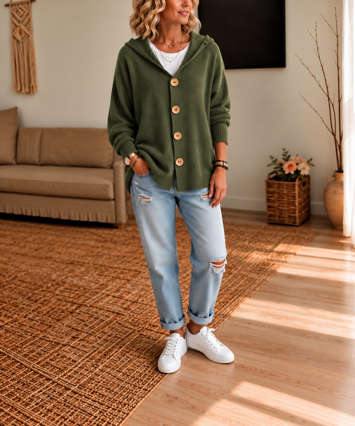 Cárdigan verde oliva con capucha y botones, combinado con vaqueros claros y zapatillas blancas.