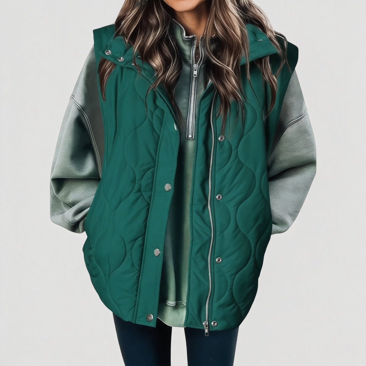 Chaleco acolchado largo verde azulado con capucha y cierre frontal, combinado con sudadera gris.