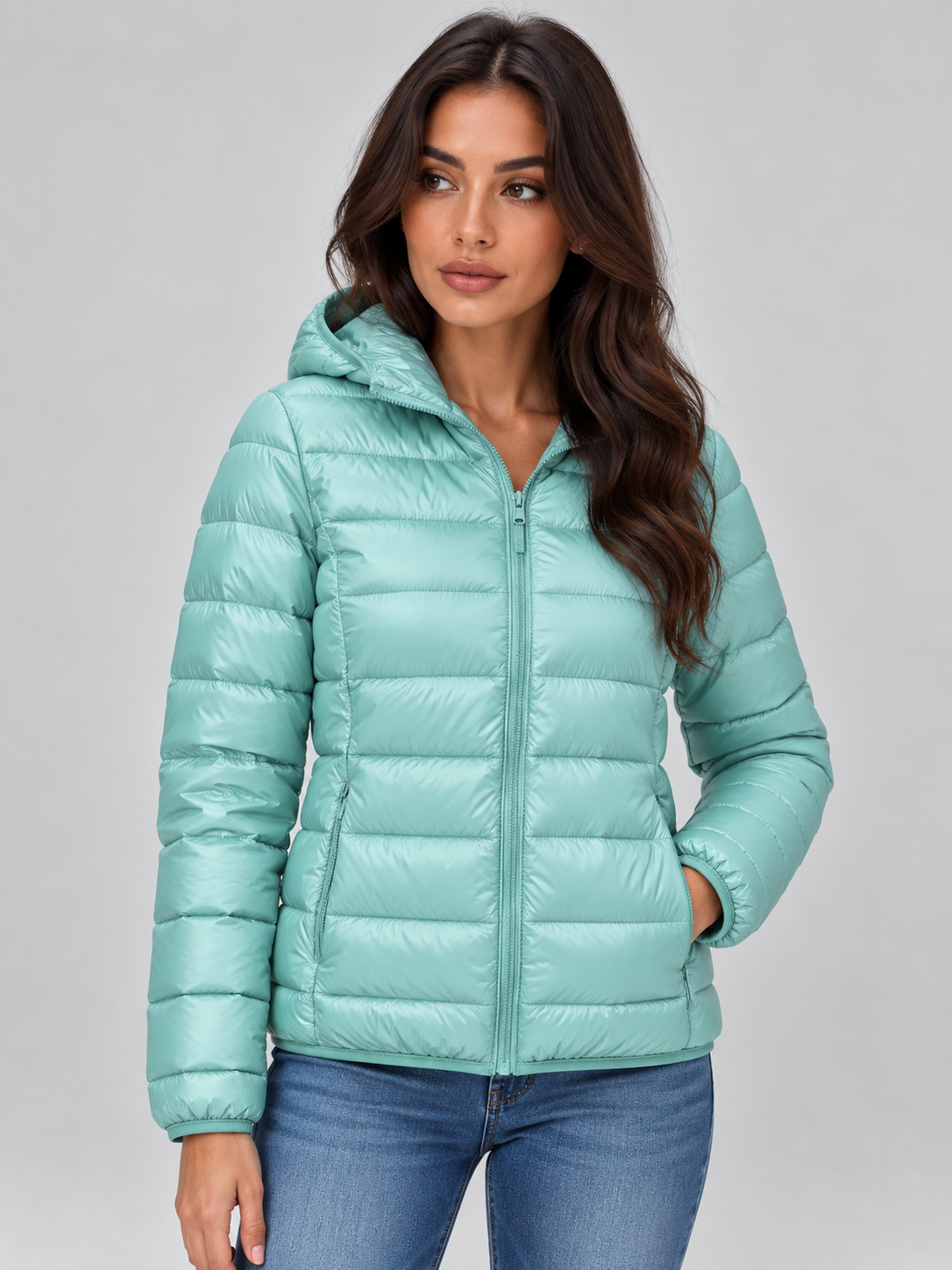 Chaqueta acolchada ligera verde menta con capucha y un bolsillo lateral visible.