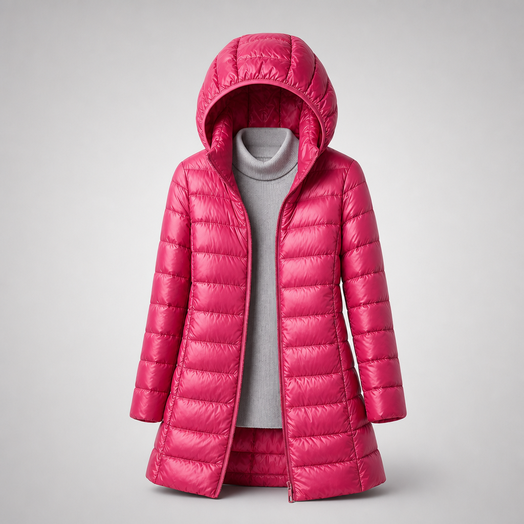 Abrigo acolchado largo fucsia con capucha, abierto sobre un jersey gris de cuello alto.