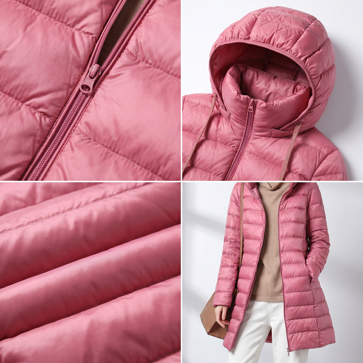 Detalles del abrigo acolchado rosa: cierre frontal, capucha, costuras y vista completa de la prenda.