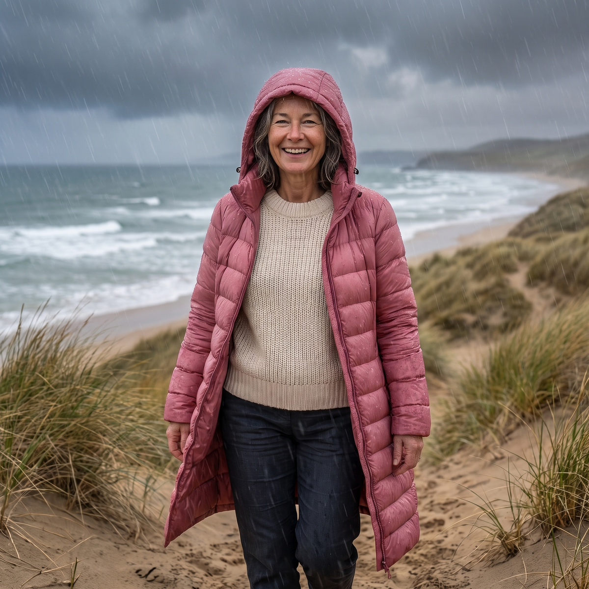 Mujer con abrigo acolchado largo rosa y capucha puesta durante un paseo junto al mar.