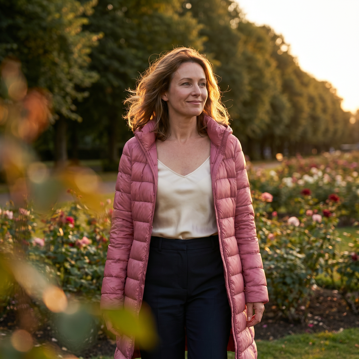 Mujer con abrigo acolchado largo rosa abierto, paseando entre flores al atardecer.