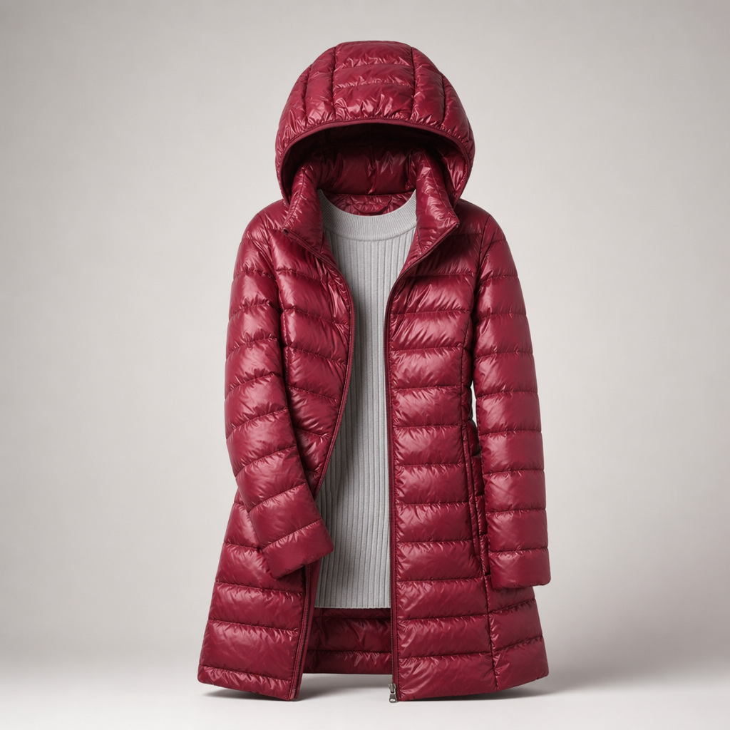 Abrigo acolchado largo burdeos con capucha, abierto sobre un jersey gris de cuello alto.