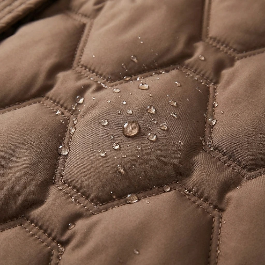 Detalle cercano del acolchado marrón con gotas de agua concentradas sobre uno de los paneles.