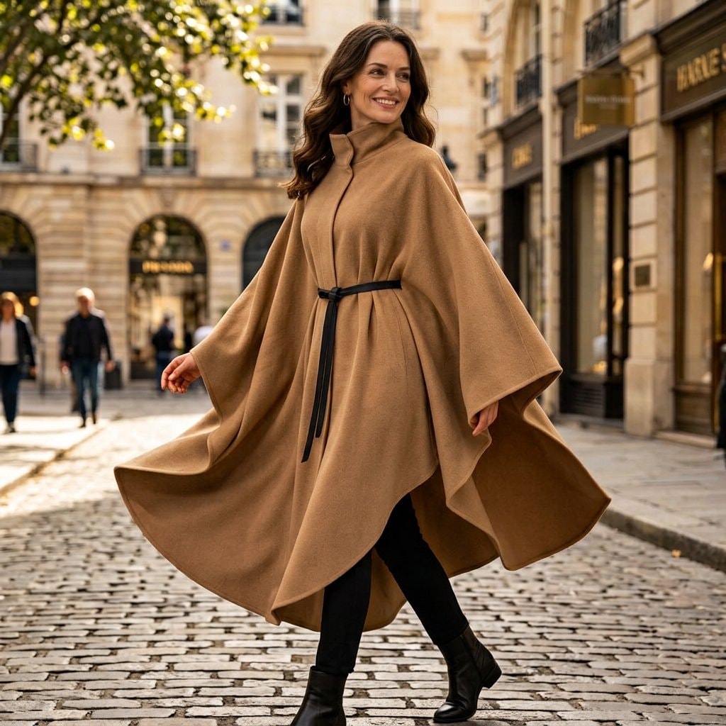 Mujer luciendo una capa larga color camel con cuello alto, silueta amplia y cinturón negro mientras camina por una calle adoquinada.
