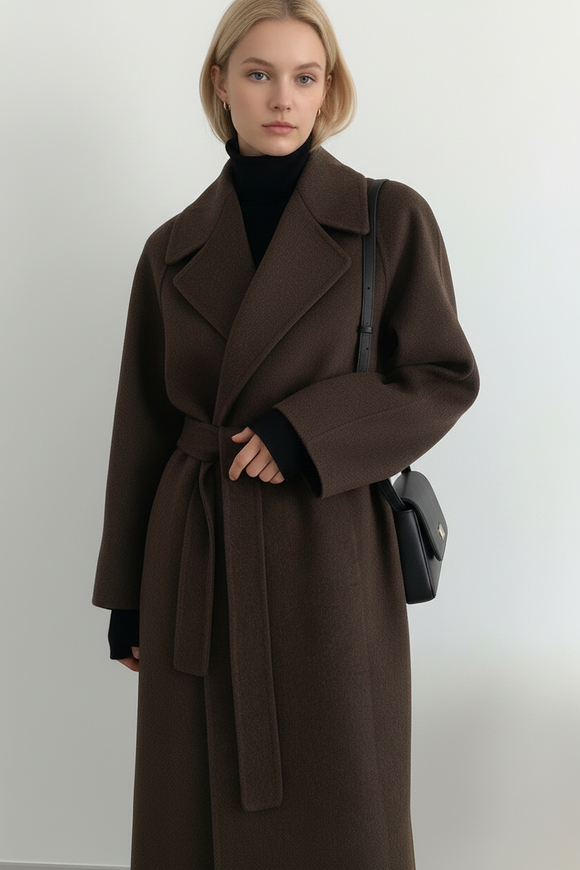 Mujer con abrigo largo marrón oscuro, cuello de solapas, cinturón anudado y bolso cruzado negro.