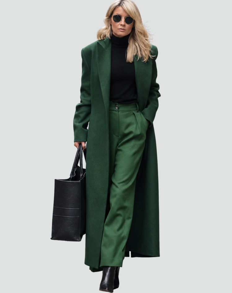 Abrigo largo verde oscuro con solapas, llevado abierto sobre un conjunto negro y verde con botas y bolso grande.