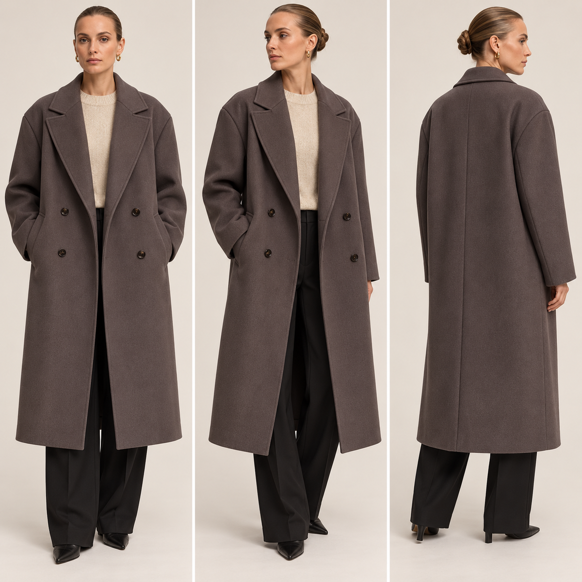 Presentación del abrigo desde los ángulos frontal, tres cuartos y trasero, mostrando su caída larga y diseño oversize.