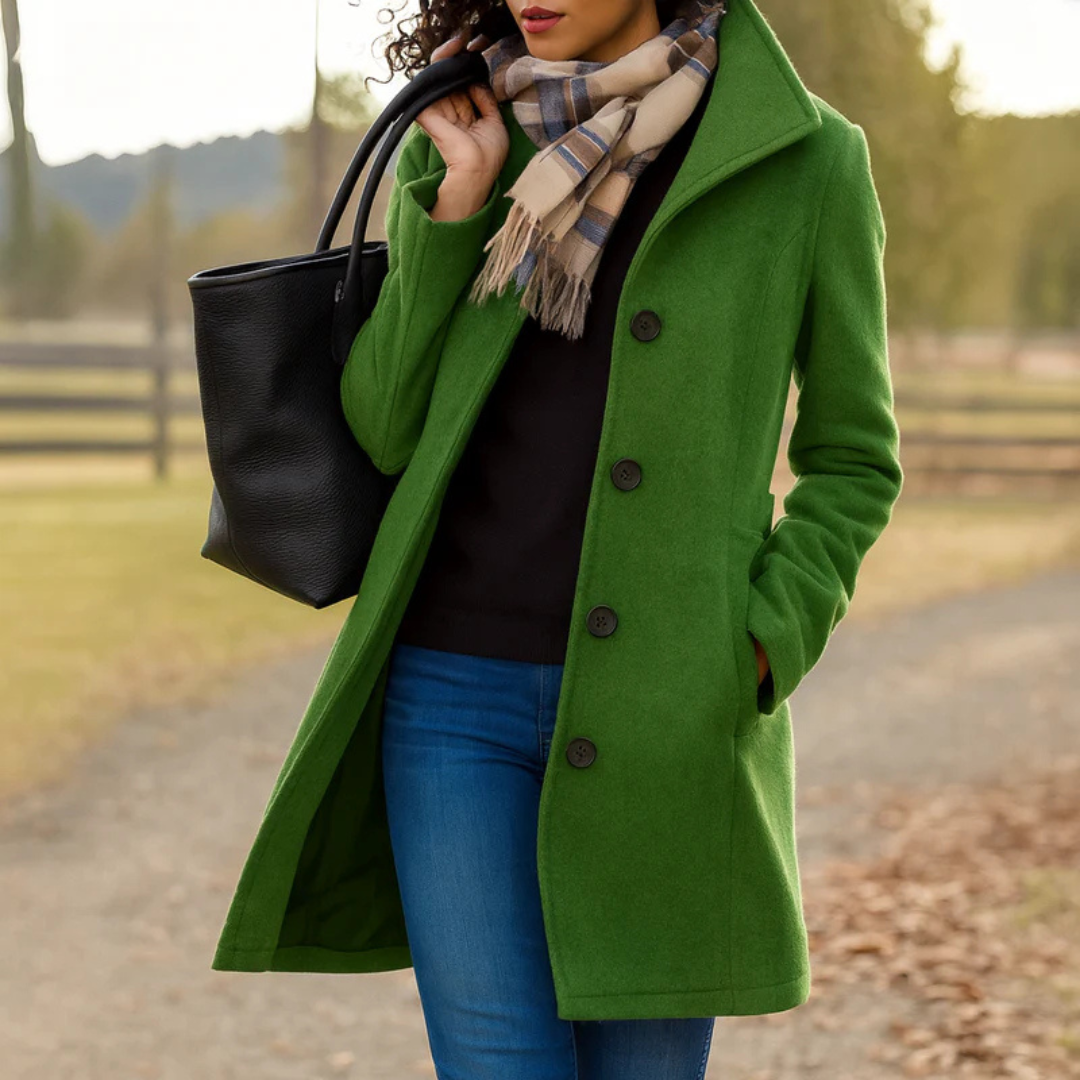Abrigo recto verde intenso con cuello amplio, botones oscuros y bolsillos laterales, combinado con una bufanda de cuadros.