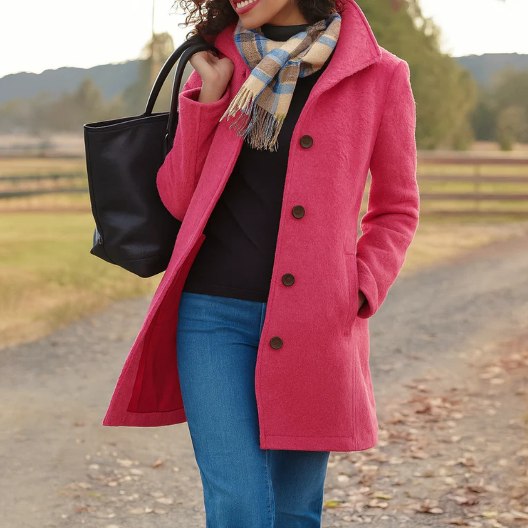 Abrigo recto rosa fucsia con cuello amplio, botones frontales y bolsillos laterales, llevado sobre un conjunto negro.