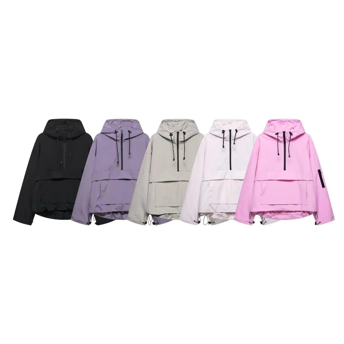 Conjunto de cinco anoraks con capucha y media cremallera en negro, lila, gris claro, rosa pálido y rosa intenso.