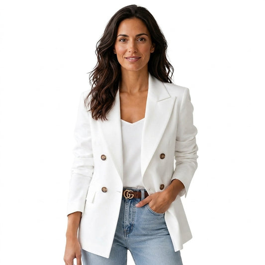 Blazer blanco de mujer de doble botonadura, con solapas marcadas, mangas largas y bolsillos delanteros, combinado con vaqueros.