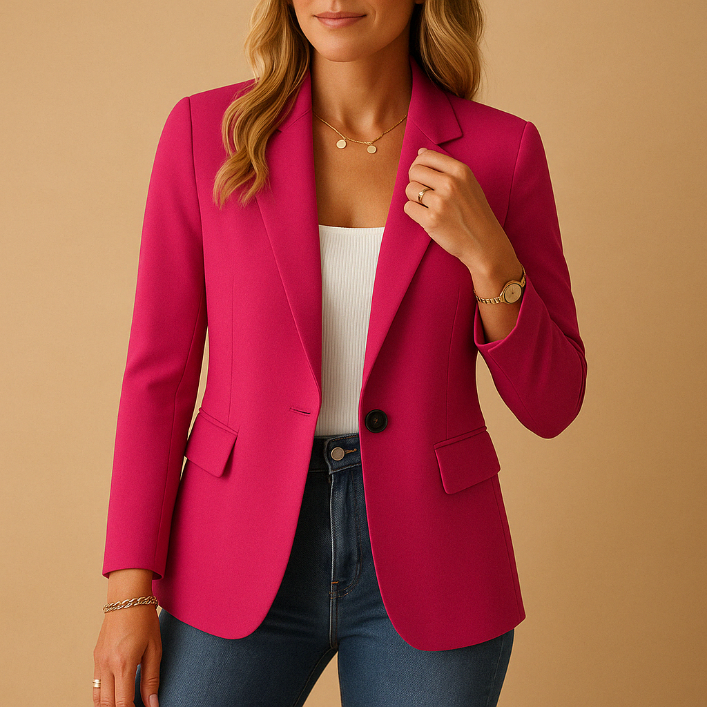 Blazer entallado fucsia con solapa clásica, cierre de un botón y bolsillos con solapa, visto de frente.