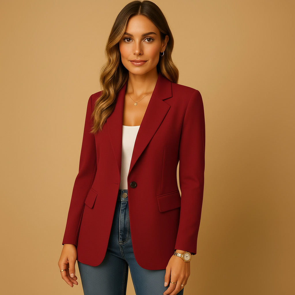 Blazer entallado rojo oscuro con un botón central, solapa clásica y bolsillos laterales con solapa.