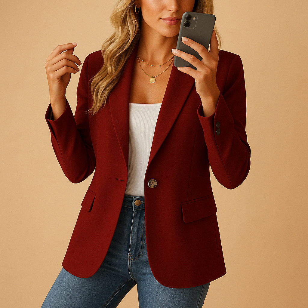 Blazer entallado burdeos con solapa clásica, cierre de un botón y mangas con botones, mientras la modelo sostiene un teléfono.