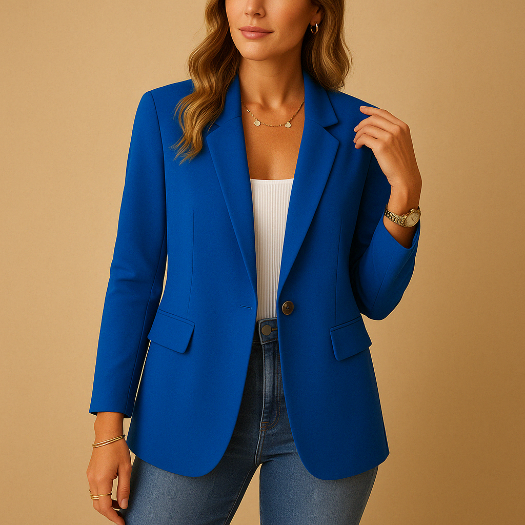 Blazer entallado azul intenso con un botón, solapa clásica y bolsillos con solapa, combinado con vaqueros.