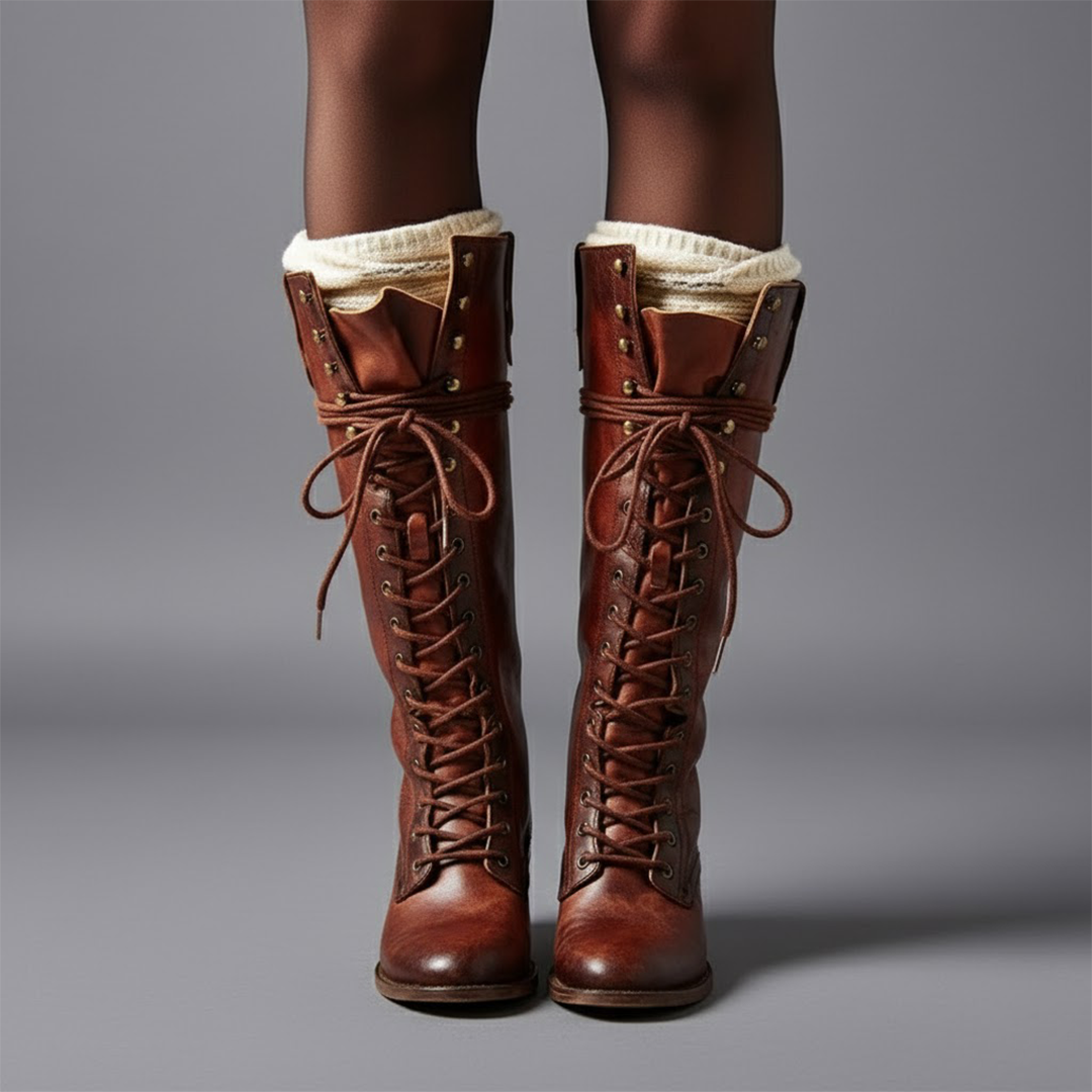 Par de botas altas marrón rojizo llevadas puestas, con cordones frontales, tacones de bloque y borde claro en la parte superior.