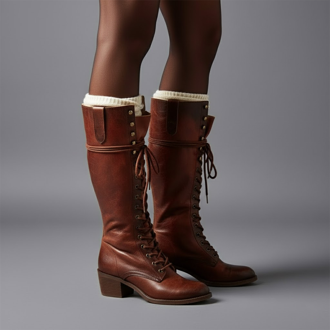 Botas altas marrón rojizo usadas en una vista lateral, con cordones parcialmente visibles, cremalleras y tacones de bloque.