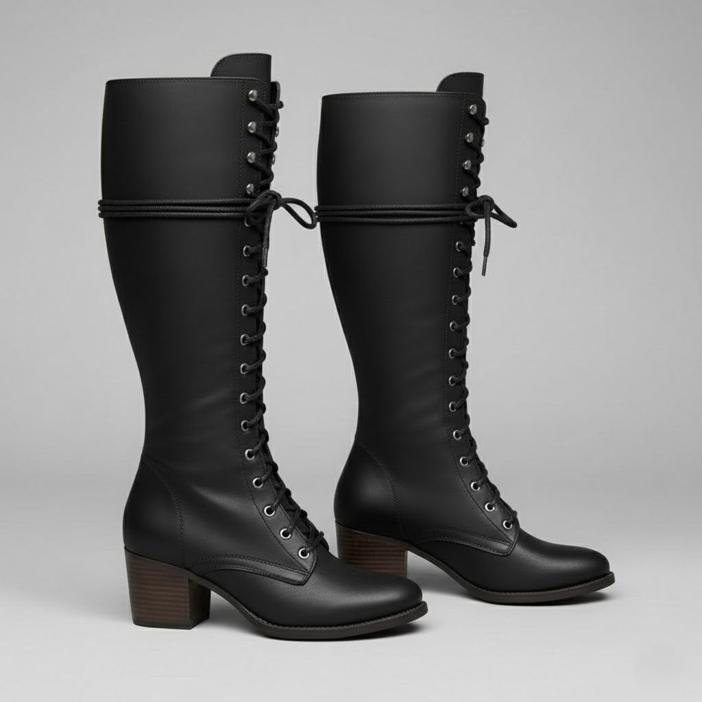 Botas altas negras mostradas en perspectiva lateral, con cordones, puntera redondeada y tacones de bloque.