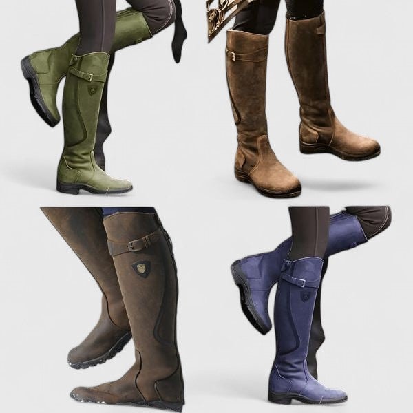 Collage que muestra las botas altas con hebilla en varios colores, incluidos verde, marrón, gris y azul.