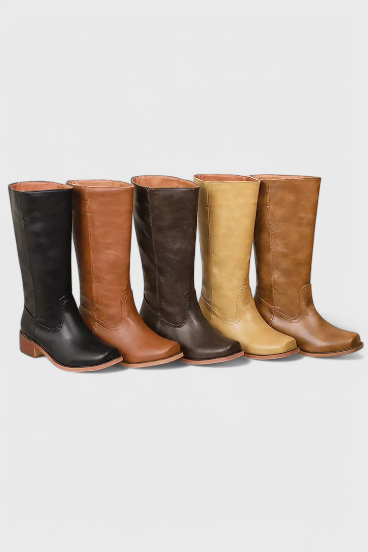 Selección de botas altas en colores negro, marrón, oscuro y mostaza, alineadas para mostrar sus distintas tonalidades.