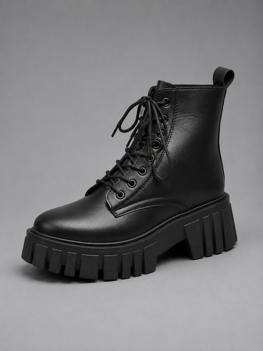 Bota militar negra de plataforma con cordones, vista en tres cuartos, con suela dentada de bloques marcados y tirador trasero.