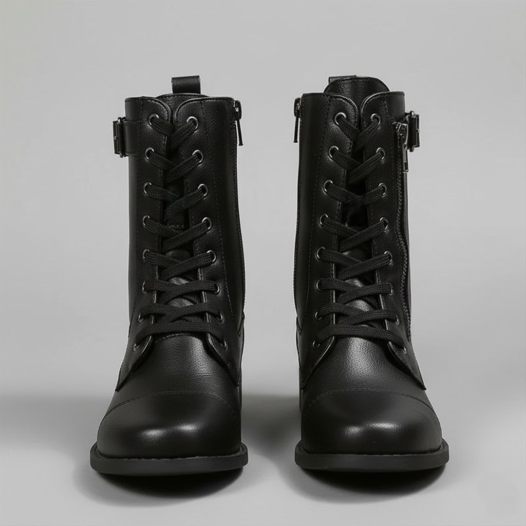 Botines negros vistos directamente de frente, con cordones cruzados, caña hasta el tobillo y punteras redondeadas.