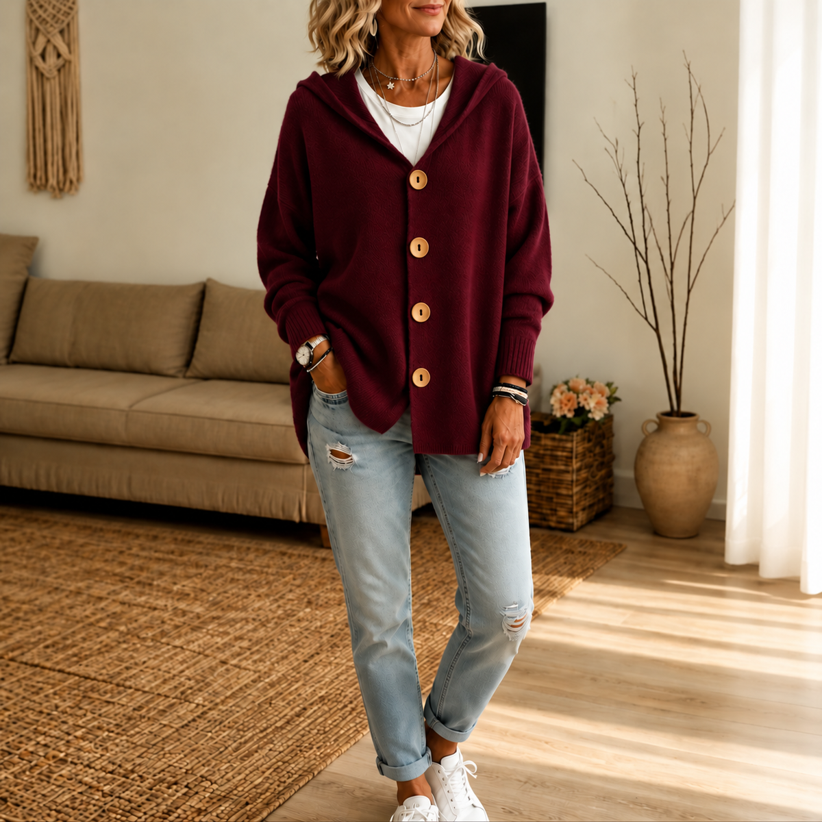 Cárdigan con capucha y botones en color burdeos, combinado con vaqueros claros y zapatillas blancas.