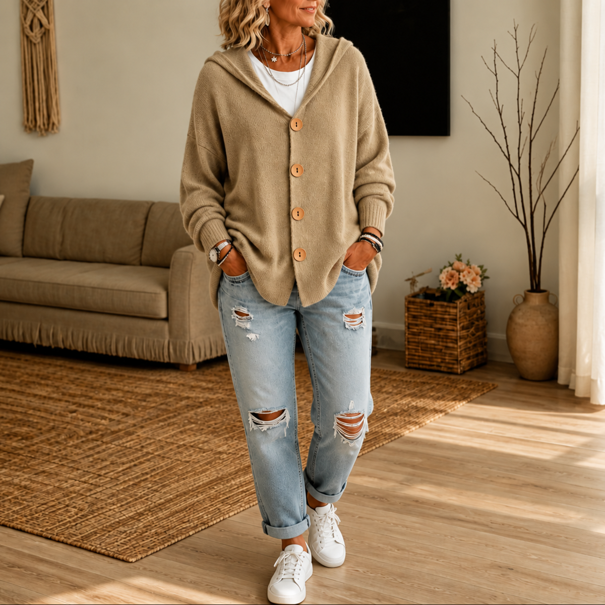 Cárdigan con capucha y cuatro botones en color beige, llevado con vaqueros desgastados.