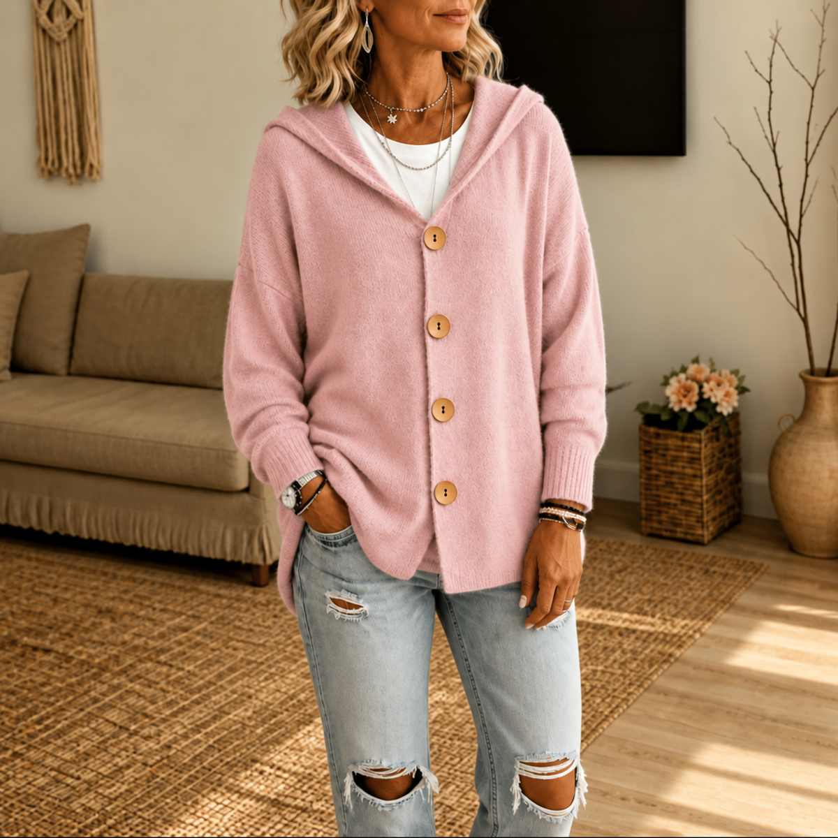 Cárdigan rosa con capucha y botones, mostrado sobre una camiseta blanca y vaqueros.