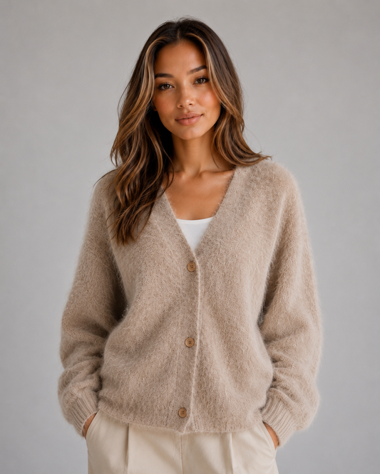 Modelo con cárdigan beige de pelo suave, cuello en V, botones frontales y bolsillos, combinado con pantalón claro.