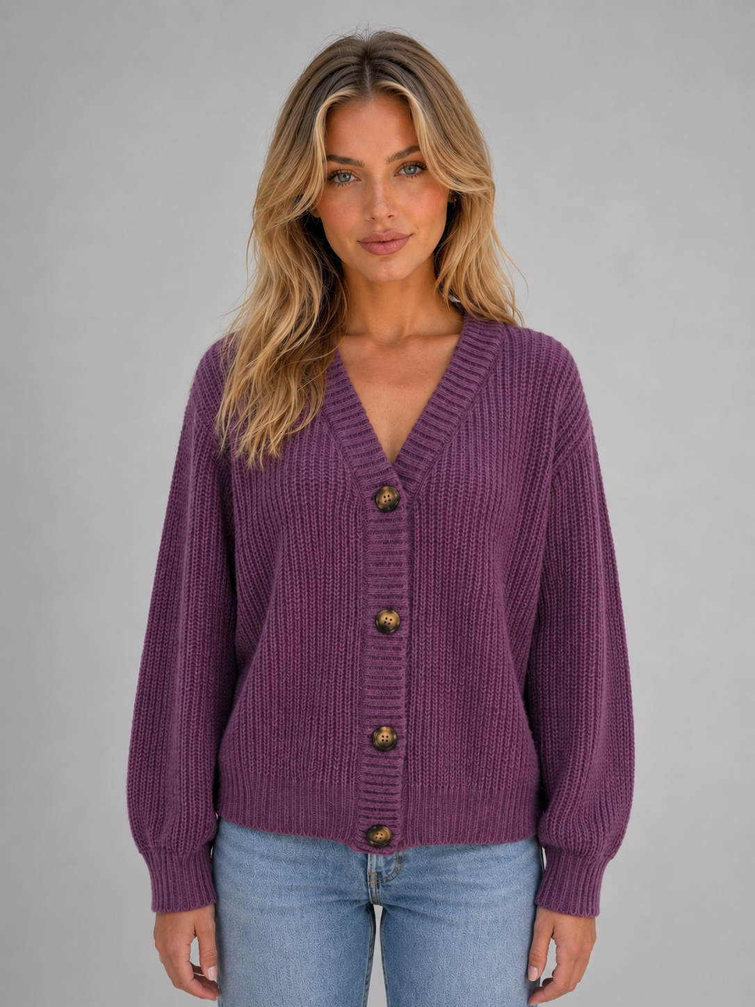 Cárdigan de punto grueso color morado, abrochado, con cuello de pico, mangas largas y botones frontales, combinado con vaqueros.