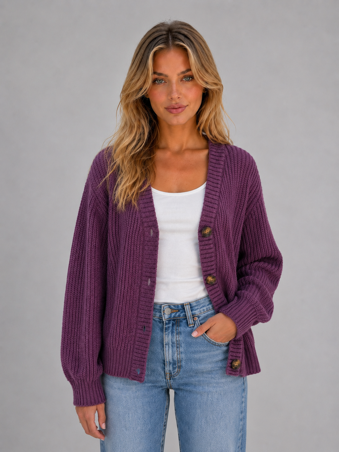 Cárdigan morado de punto grueso abierto sobre una camiseta blanca, con bolsillos y botones visibles, combinado con vaqueros.
