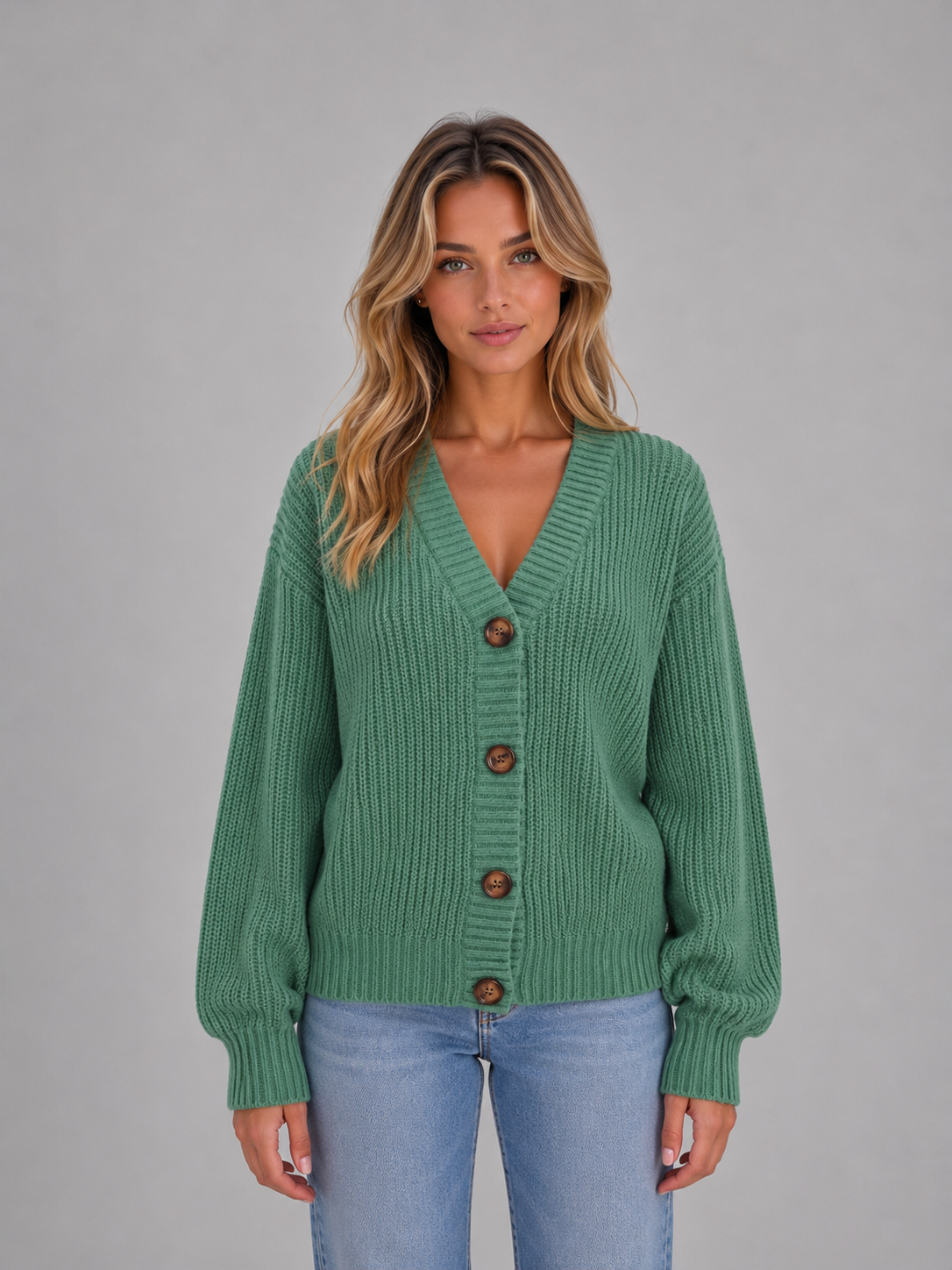 Cárdigan de punto grueso verde con cuello de pico, cuatro botones frontales y mangas largas abullonadas, combinado con vaqueros.