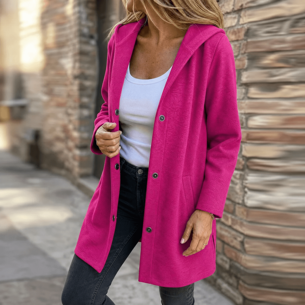 Cárdigan largo fucsia con capucha, botones y bolsillos, combinado con vaqueros oscuros.