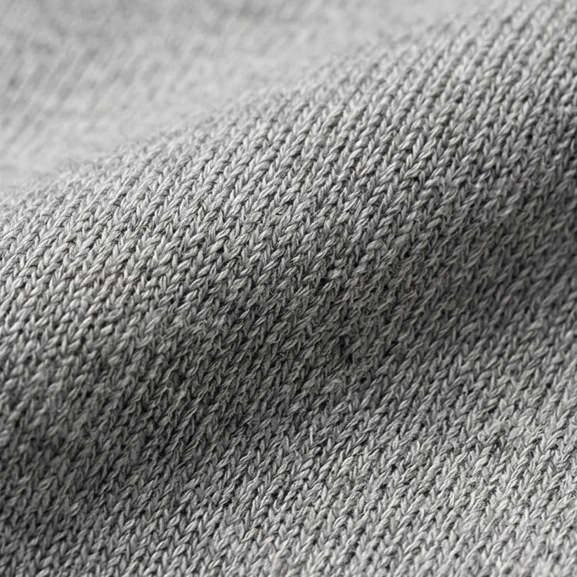 Detalle cercano de la textura tejida en tono gris del cárdigan.
