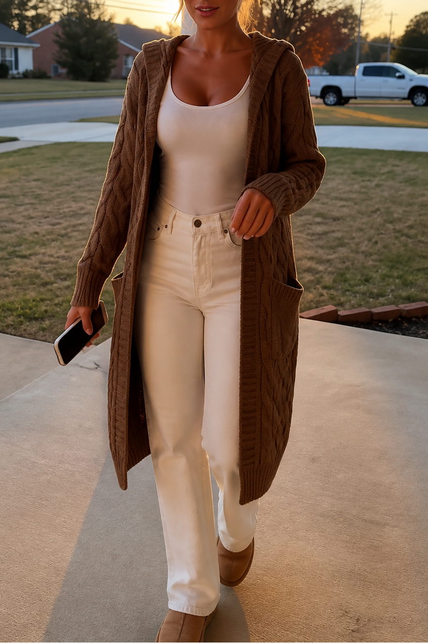 Cárdigan largo de punto trenzado en tono marrón, con capucha y bolsillos, combinado con camiseta clara y pantalón blanco.