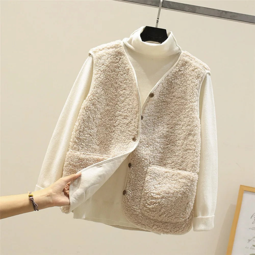 Chaleco claro de efecto borreguito combinado con un jersey blanco, con un bolsillo frontal levantado que deja ver su interior.