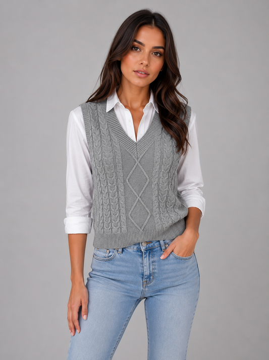 Chaleco gris de punto con trenzas y cuello en V sobre camisa blanca, combinado con vaqueros claros en una vista frontal.