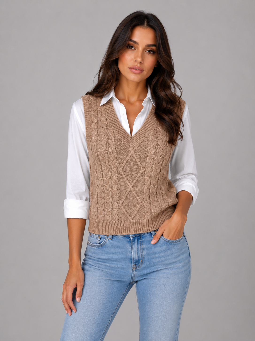 Chaleco marrón claro con cuello en V y diseño de trenzas y rombos, combinado con camisa blanca y vaqueros.