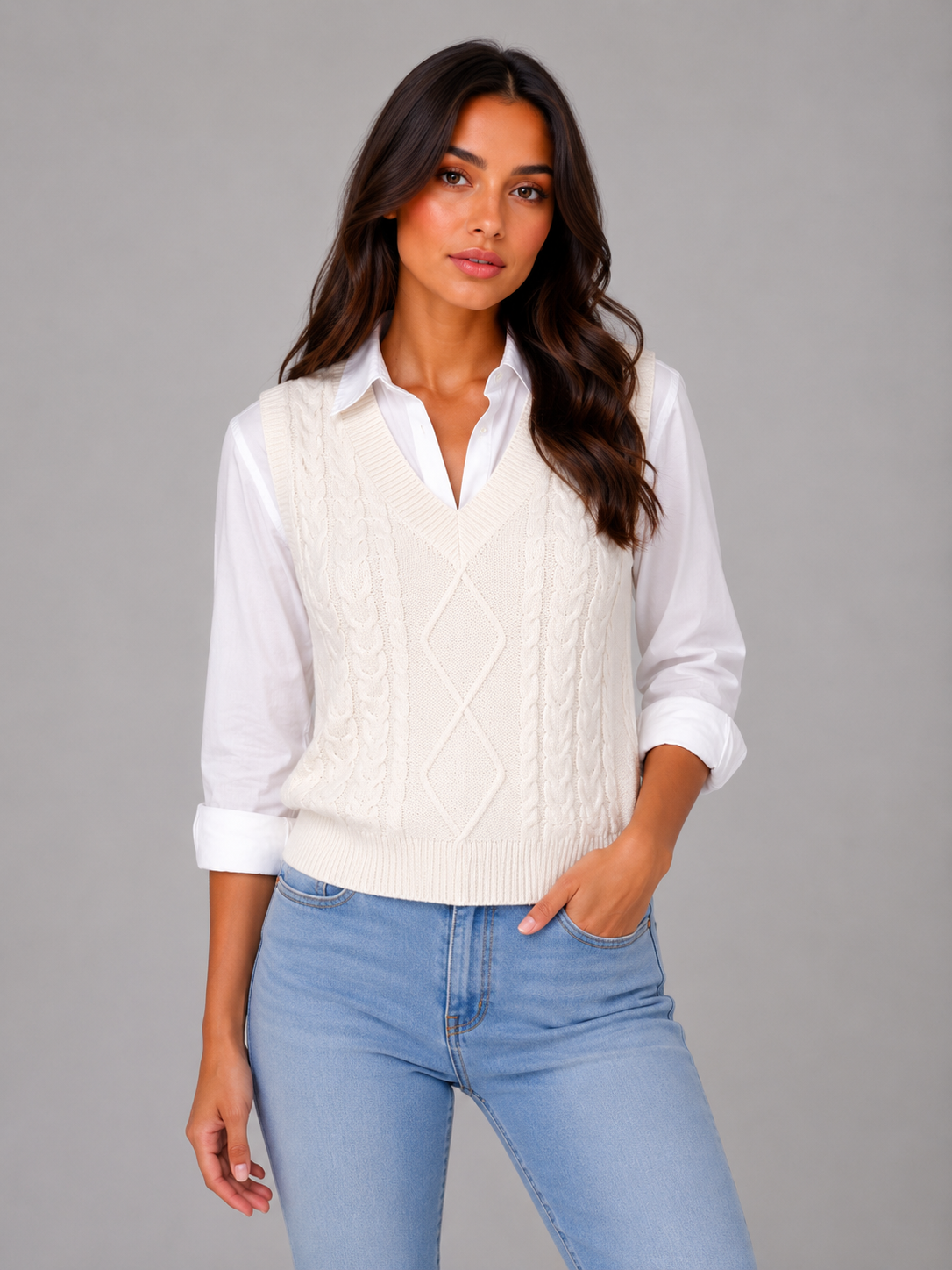 Chaleco blanco de punto con trenzas y cuello en V sobre camisa blanca, mostrado con vaqueros claros.