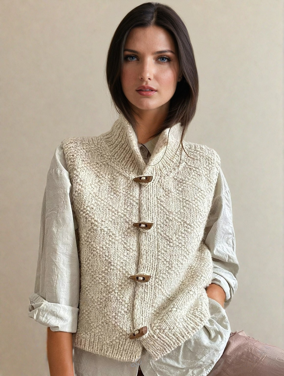 Chaleco beige de cuello alto y cierre de alamares combinado con camisa de manga larga remangada.