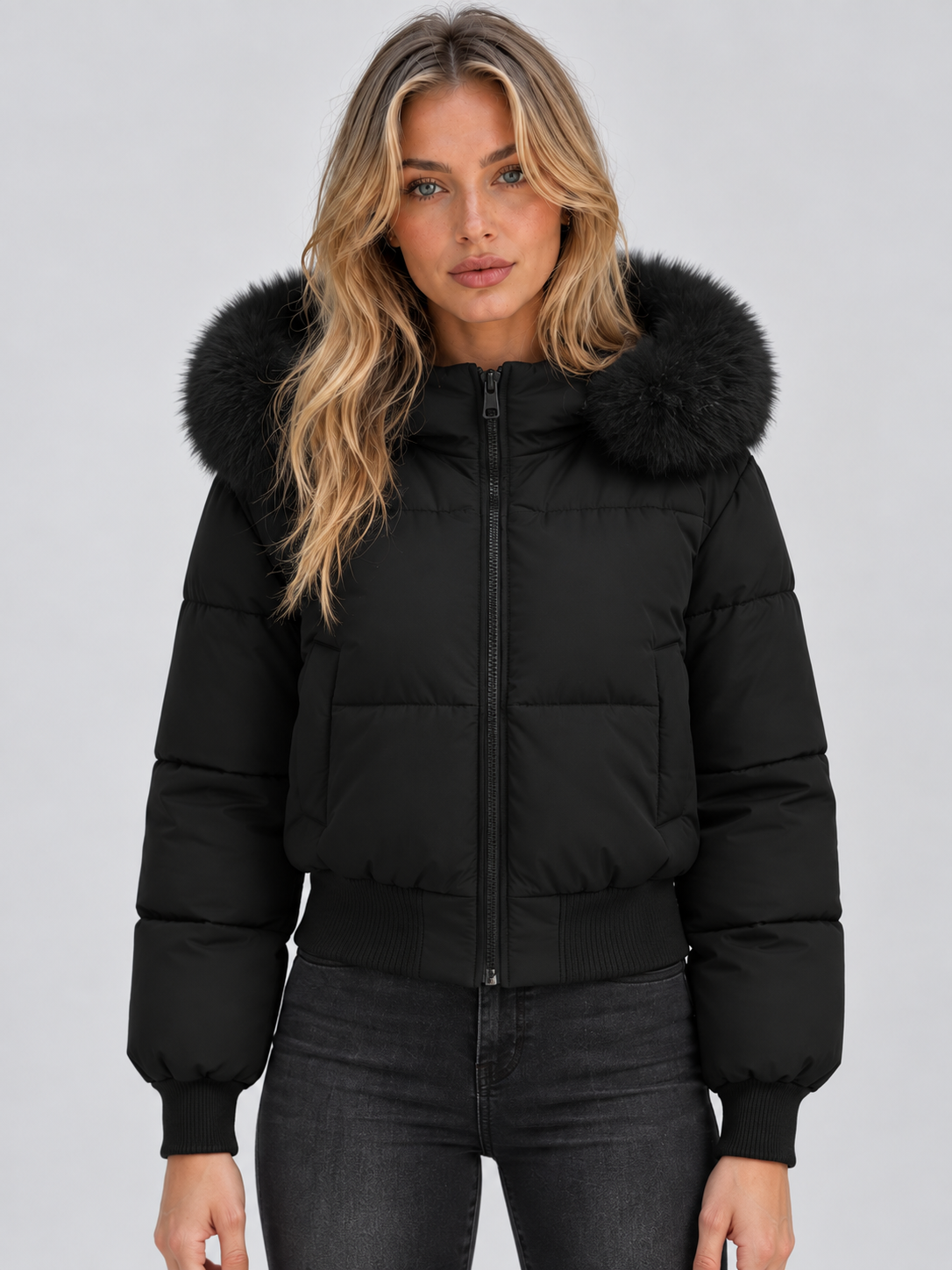 Chaqueta acolchada corta negra con cierre frontal de cremallera, amplio cuello de pelo sintético negro, puños ajustados y bolsillos laterales.