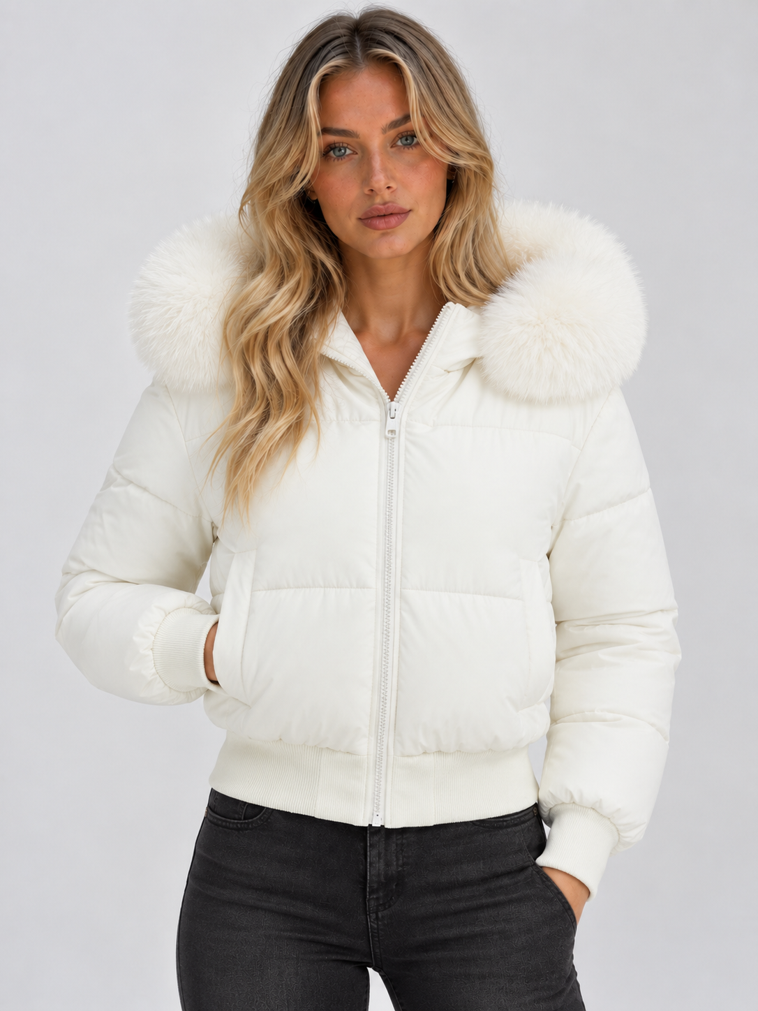 Chaqueta acolchada corta blanca con cuello amplio de pelo sintético blanco, cremallera frontal, puños ajustados y bolsillos laterales.