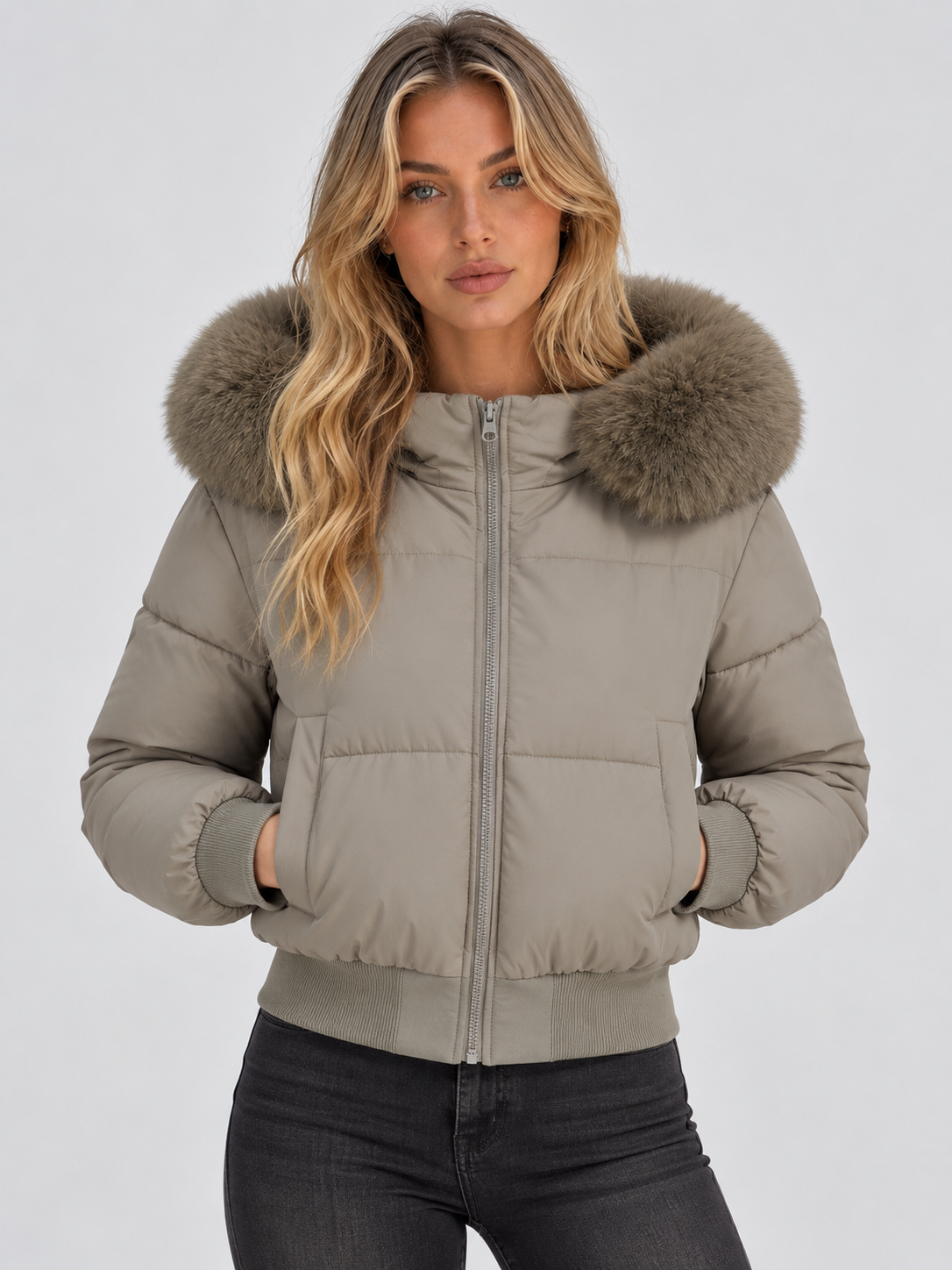 Chaqueta acolchada corta en tono topo con cuello amplio de pelo sintético marrón, capucha, cremallera frontal y bolsillos laterales.