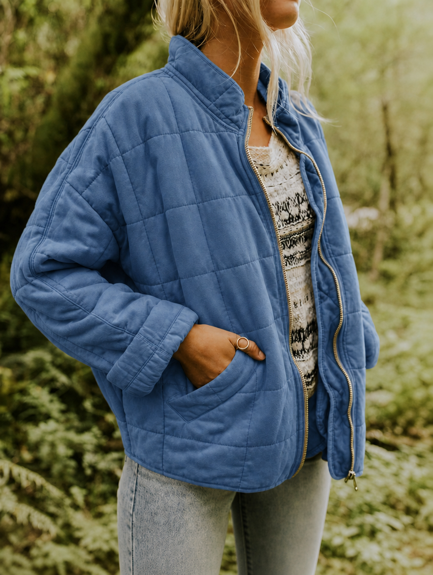 Vista lateral de la chaqueta acolchada azul con cremallera abierta y bolsillo delantero en uso.